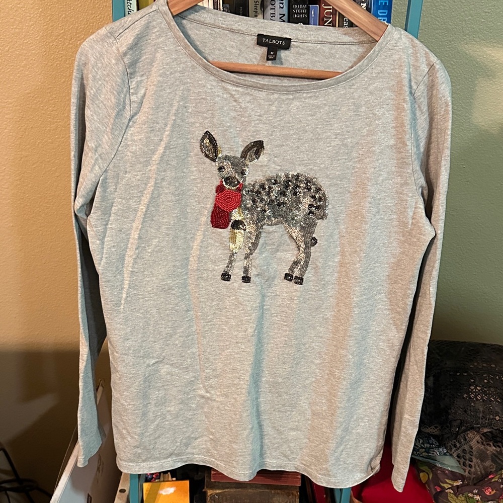 Talbots Gray Long Sleeve with Sequin Deer Motif wearing scarf